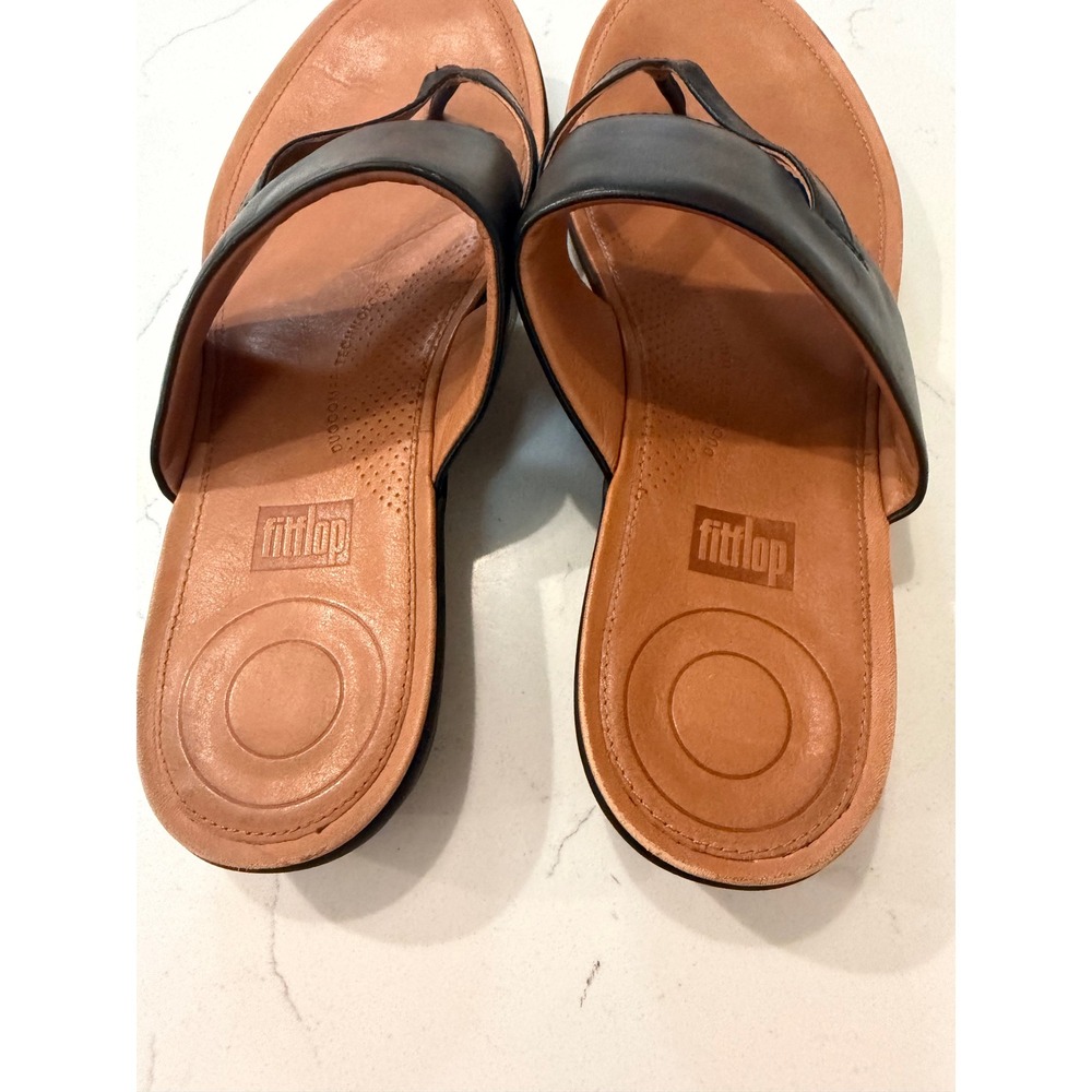 FitFlop Black Leather Delta Toe Thong Sandals Comfort Slides Womens 9 K31-001 - Picture 3 of 7